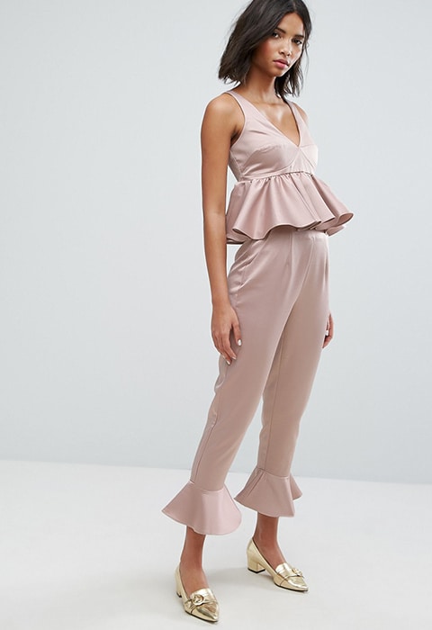 Model wearing Lost Ink crop top and matching co-ord trousers in blush, both available from ASOS | ASOS Fashion & Beauty Feed