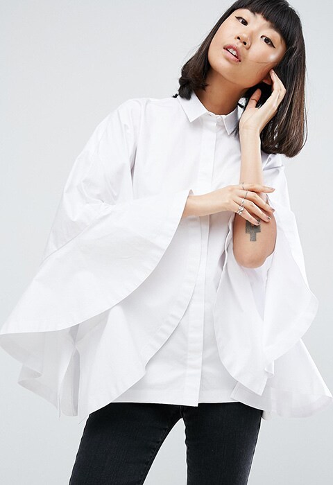 Model wearing white ASOS WHITE extreme-frill batwing shirt,  | ASOS Fashion & Beauty Feed 