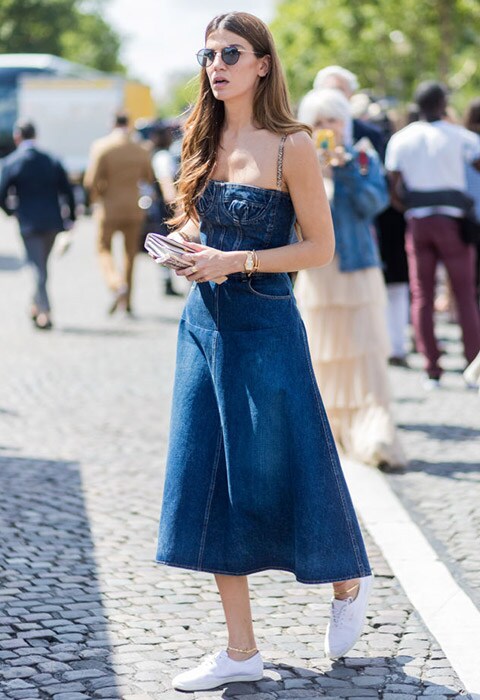 Blogger wearing a midi denim dress | ASOS Fashion & Beauty Feed