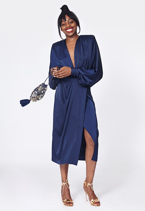 ASOS Insider Debbie wearing a silk feel midi dress with shoulder pads | ASOS Fashion & Beauty Feed