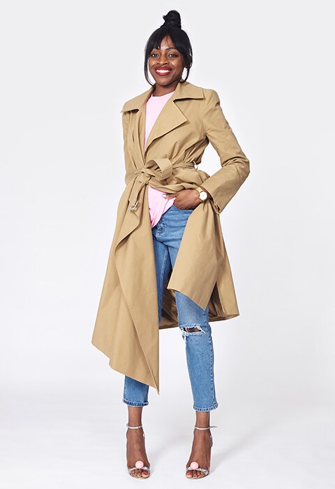 ASOS Insider Debbie wearing camel mac coat, a pastel t-shirt and light-wash denim jeans | ASOS Fashion & Beauty Feed