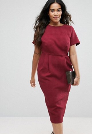 Model wearing a cranberry wiggle dress | ASOS Fashion & Beauty Feed