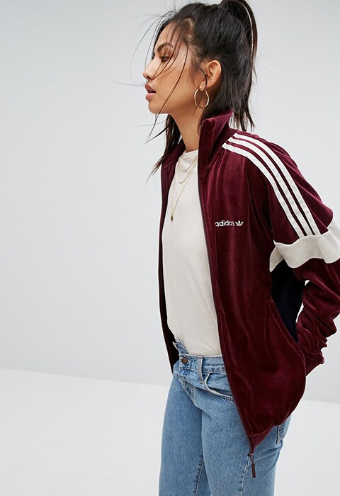 model wearing adidas Originals Velour Track Jacket In Burgundy, available on ASOS | ASOS Fashion & Beauty Feed