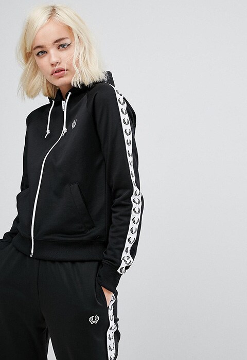 model wearing Fred Perry Retro Taped Tracksuit Jacket, available on ASOS | ASOS Fashion & Beauty Feed