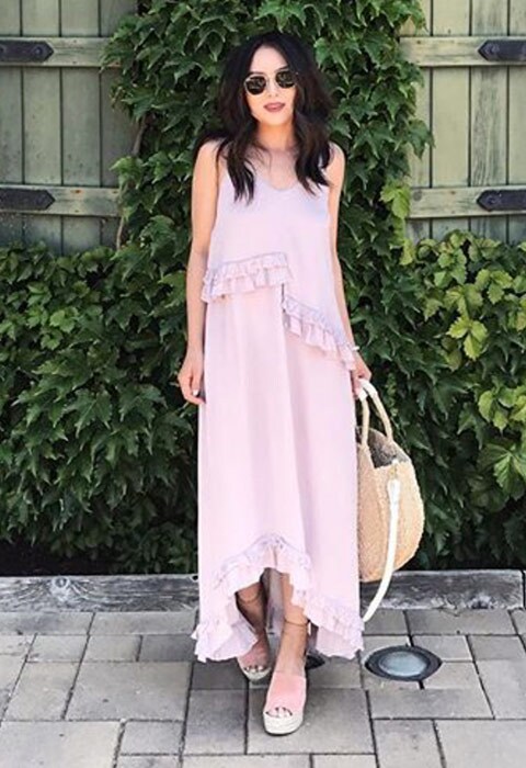 #AsSeenOnMe blogger wearing pink maxi dress with ruffle detail. | ASOS Fashion & Beauty Feed 