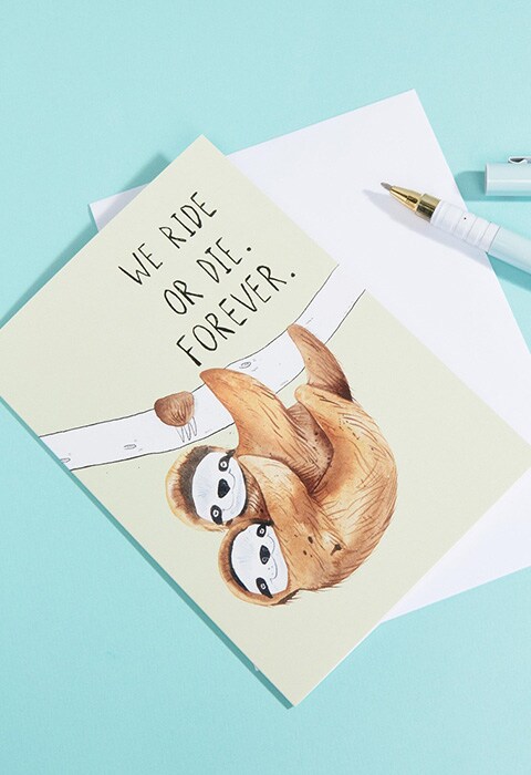 Jolly Awesome 'ride or die' sloth birthday card, available at ASOS | ASOS Fashion & Beauty Feed