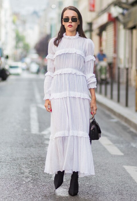 Street style blogger wearing a white prairie dress | ASOS Fashion & Beauty Feed