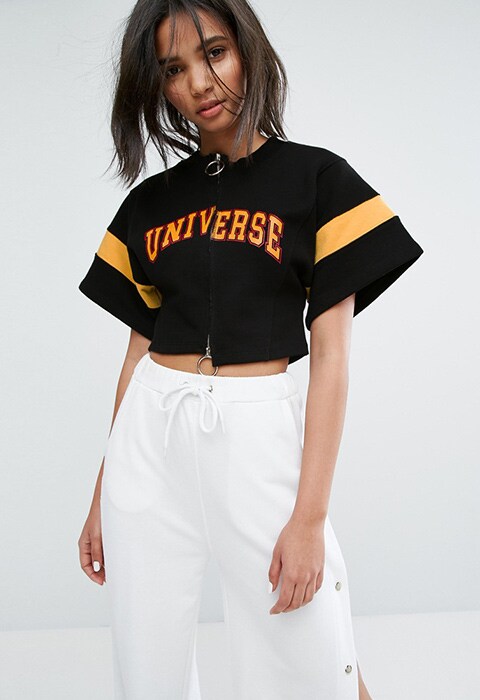 STYLENANDA Knitted Crop Top With Varsity Print And Zip, available on ASOS | ASOS Fashion & Beauty Feed