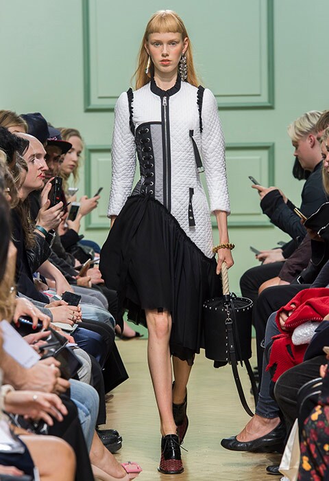 JW Anderson SS17 catwalk asymmetric black skirt with white detailed jacket and brogue shoes | ASOS Fashion & Beauty Feed