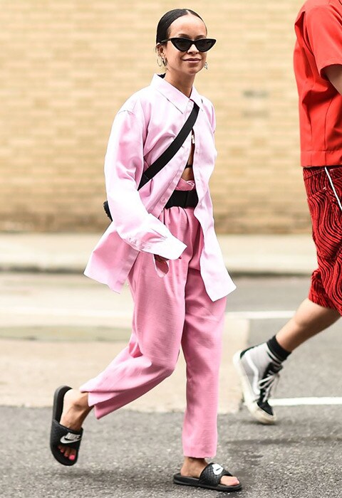 Street style star wearing pink co-ords at New York Menswear Fashion Week | ASOS Fashion & Beauty Feed