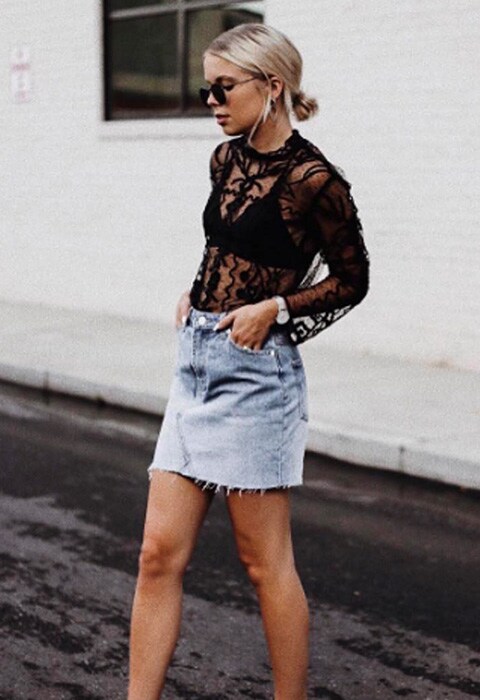 #AsSeenOnMe blogger wearing a sheer black top and denim skirt | ASOS Fashion & Beauty Feed 