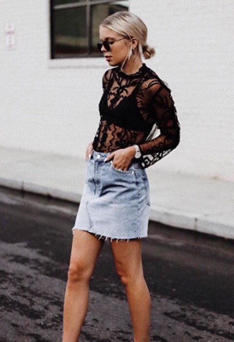 #AsSeenOnMe blogger wearing a sheer black top and denim skirt | ASOS Fashion & Beauty Feed