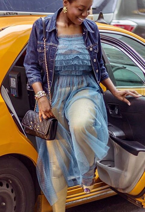 #AsSeenOnMe blogger wearing a sheer dress over metallic leggings | ASOS Fashion & Beauty Feed