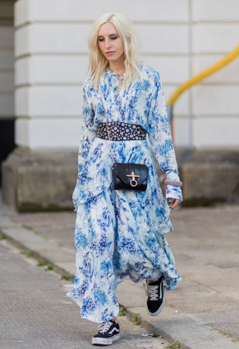 Street style look - floral maxi dress styled with waist belt and Vans trainers | ASOS Fashion & Beauty Feed 