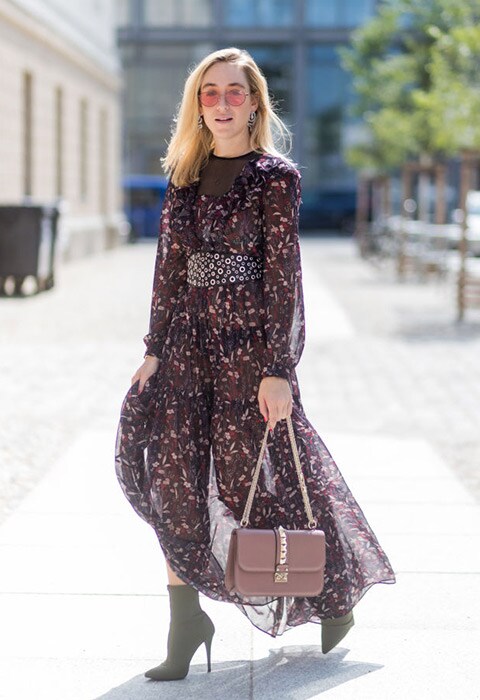 Street style look - autumn floral maxi dress styled with khaki boots heels and pink sunglasses | ASOS Fashion & Beauty Feed