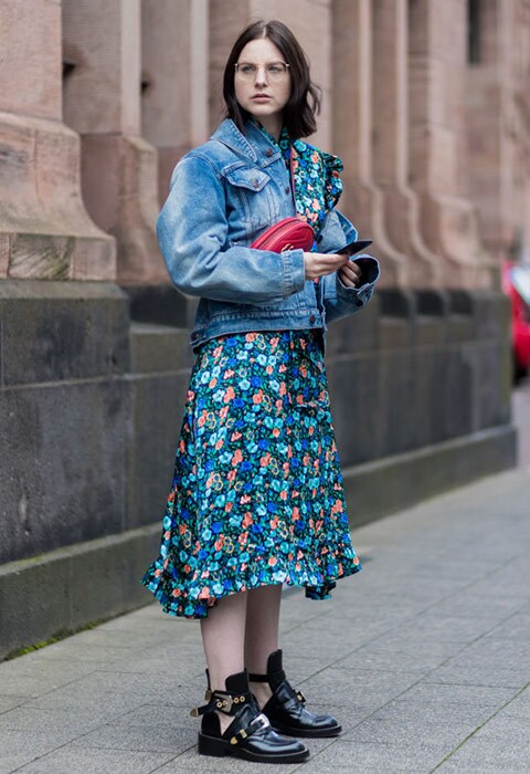 Street style look - vivid floral midi dress styled with a denim jacket and cut-out boots | ASOS Fashion & Beauty Feed