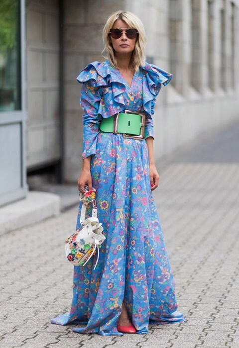 Street style look - blue ruffled floral maxi dress styled with a green waist belt and coloured heels | ASOS Fashion & Beauty Feed 