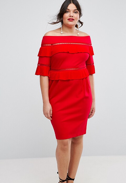 Model wearing ASOS CURVE Pleat & Ruffle Off Shoulder Dress, from ASOS | ASOS Fashion and Beauty Feed