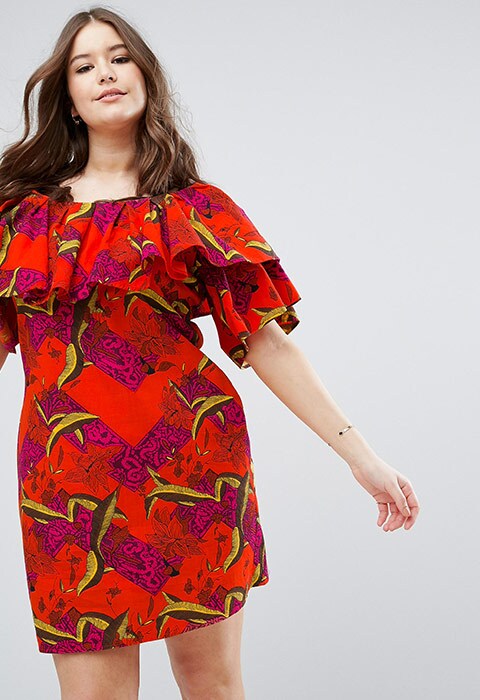 Model wearing ASOS CURVE Off Shoulder Dress in Orange Tropical Print, from ASOS | ASOS Fashion and Beauty Feed