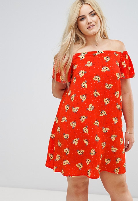 Model wearing New Look floral red off-the-shoulder dress, available at ASOS| ASOS Fashion and Beauty Feed