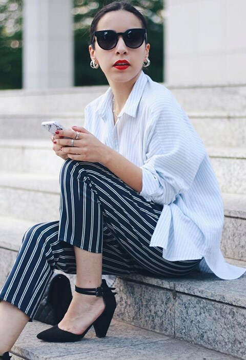 #AsSeenOnMe blogger wearing a striped shirt and pinstripe trousers | ASOS Fashion & Beauty Feed