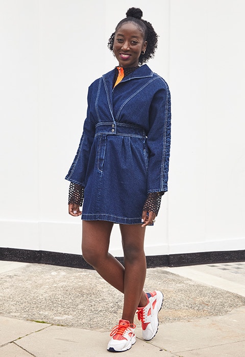Junior Editor Estelle Adjei wearing a 80s denim dress | ASOS Fashion & Beauty Feed