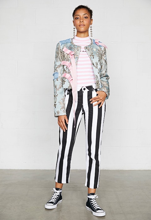 Model wearing striped jeans and french brocade jacket | ASOS Fashion & Beauty Feed 