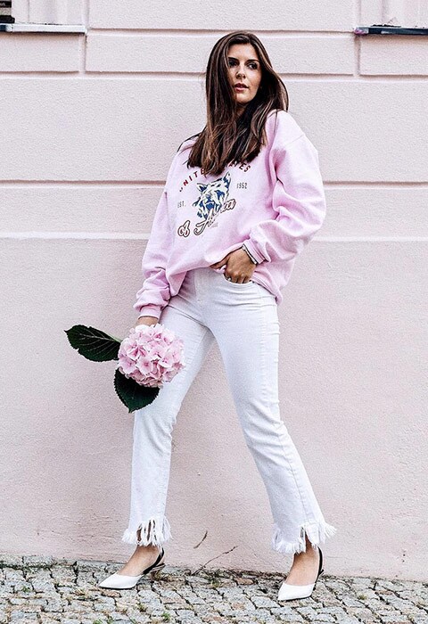 #AsSeenOnMe blogger wearing white jeans and pink sweatshirt | ASOS Fashion & Beauty Feed