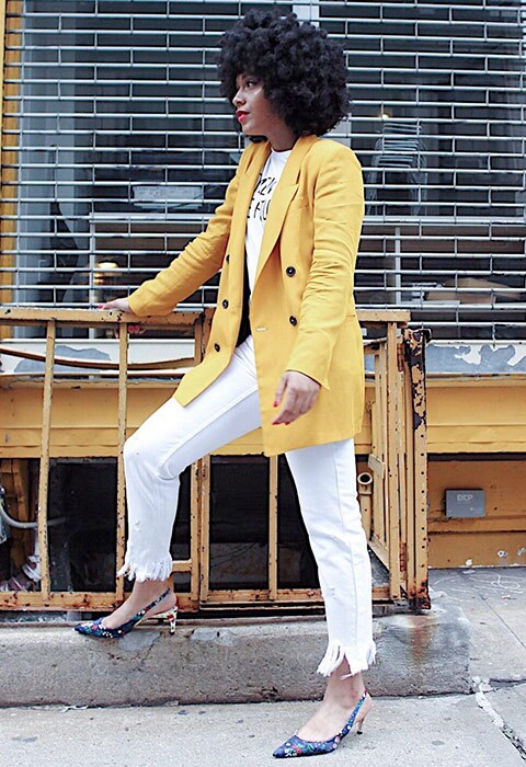 #AsSeenOnMe blogger wearing a yellow blazer and white jeans | ASOS Fashion & Beauty Feed