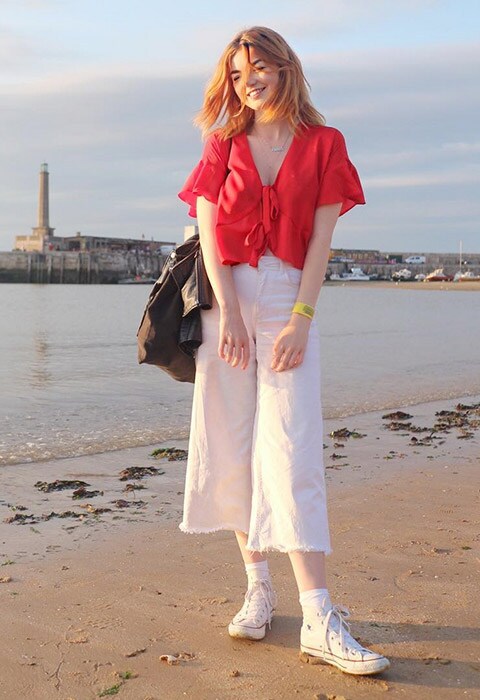 #AsSeenOnMe blogger wearing white jeans and a red ruffle top | ASOS Fashion & Beauty Feed