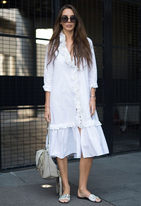 Blogger wearing a white ruffled shirt dress | ASOS Fashion & Beauty Feed