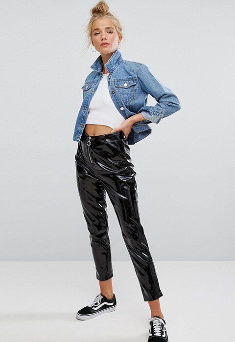 New Look patent high waisted trousers with ring pull detail | ASOS Fashion & Beauty Feed
