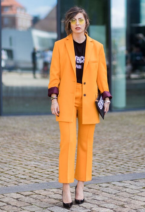 Berlin-based blogger Masha Sedgwick wearing a yellow suit | ASOS Fashion & Beauty Feed