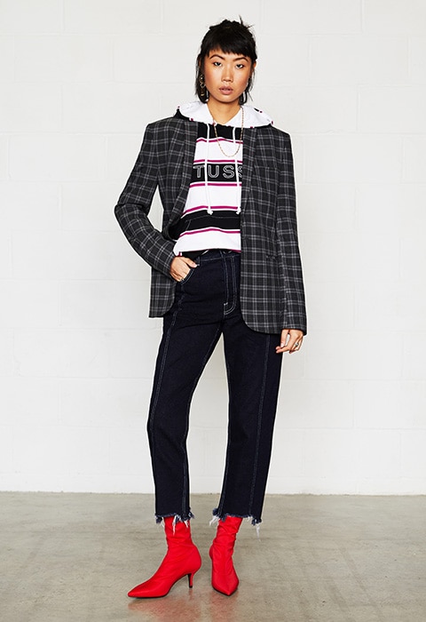 Model wearing a blazer, hoodie and heels | ASOS Fashion & Beauty Feed
