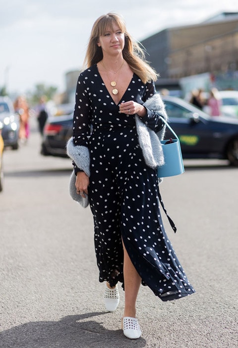Lisa Aiken wearing a polka dot dress at Copenhagen Fashion Week | ASOS Fashion & Beauty Feed