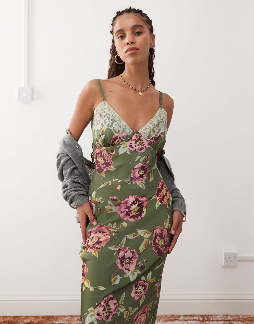 Reclaimed Vintage maxi cami dress in dark green floral print | ASOS Style Feed