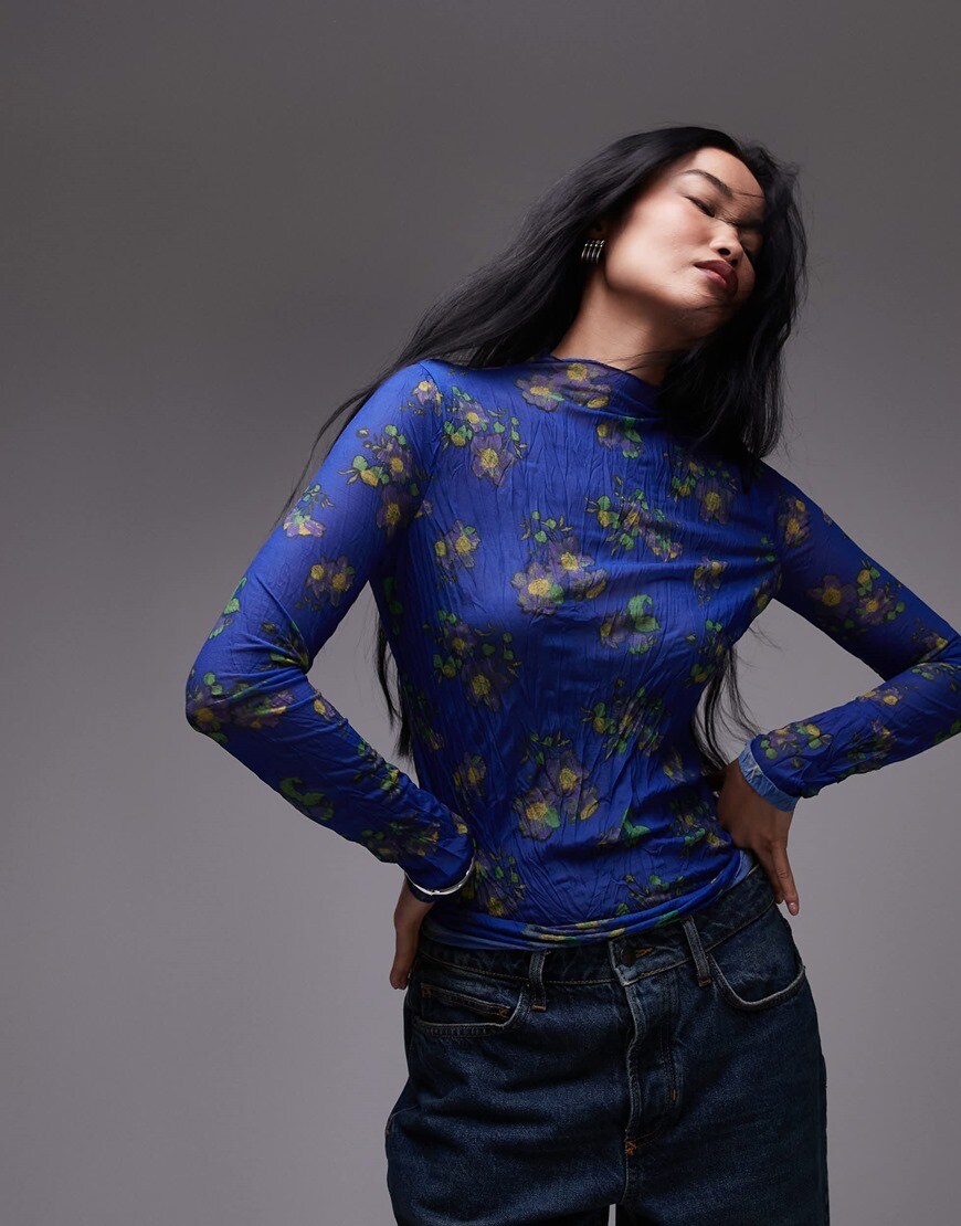 Topshop floral print crinkle mesh long sleeve top in blue | ASOS Style Feed