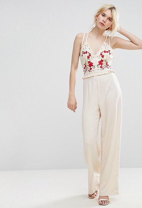 Hope & Ivy Embroidered Jumpsuit With Strappy Back, available on ASOS