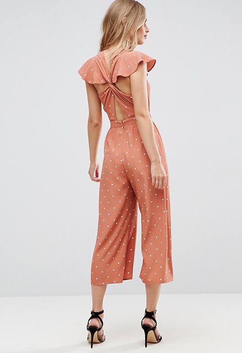 ASOS Jumpsuit with Twist Back and Frill Detail in Spot Print, available on ASOS