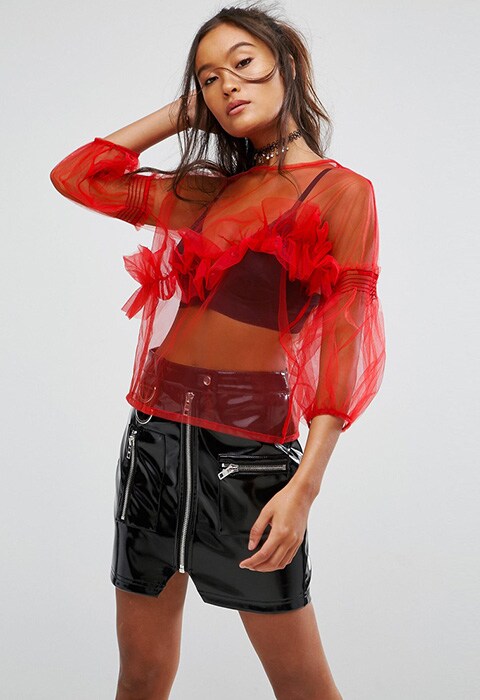 ASOS Top in Mesh with Ruffle Detail and Puff Sleeve | ASOS Fashion & Beauty Feed