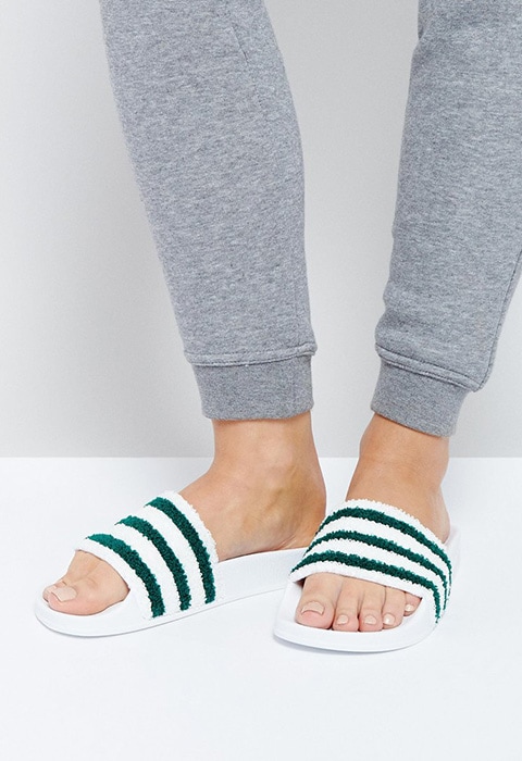 adidas Originals White And Green Towelling Adilette Slider Sandals, available on ASOS