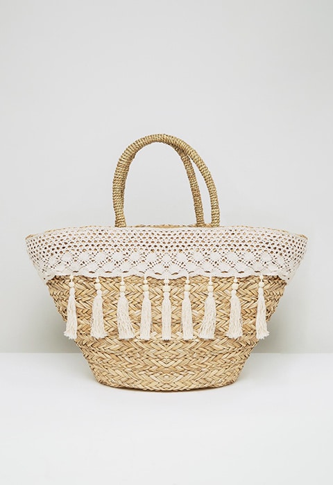 South Beach Cream Tassel & Crochet Straw Bag, available on ASOS