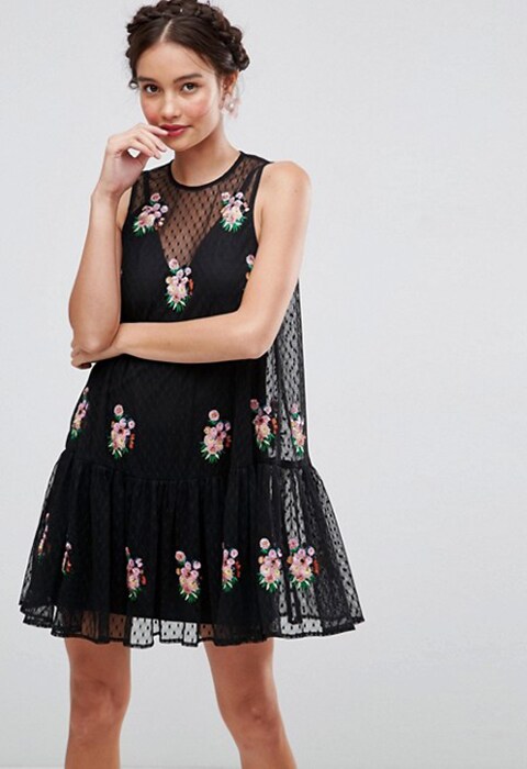 Black mesh mini dress with flowers