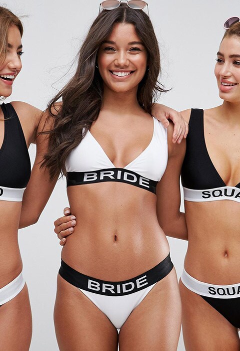 ASOS BRIDAL 'BRIDE' Elastic Slogan Triangle Crop Bikini Top, available on ASOS