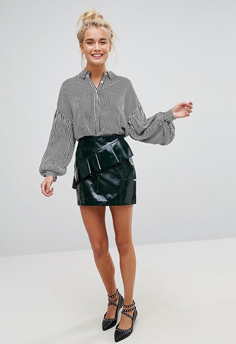 Bershka Vinyl Asymmetric Ruffle Skirt | ASOS Fashion & Beauty Feed
