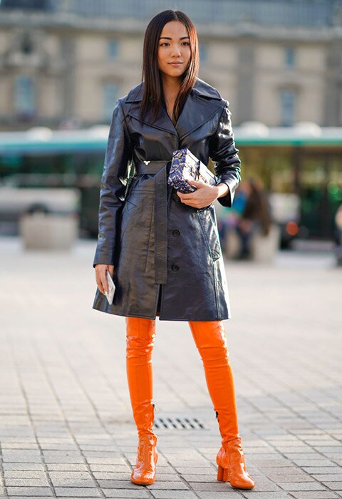 Blogger wearing orange PVC boots | ASOS Style Feed