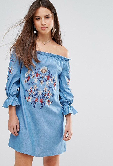 Parisian Off Shoulder Embroidered Denim Dress, available on ASOS  | ASOS Fashion & Beauty Feed