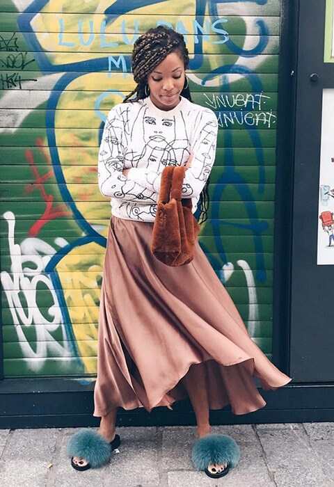 #AsSeenOnMe blogger wearing a silk skirt and graphic sweat | ASOS Style Feed