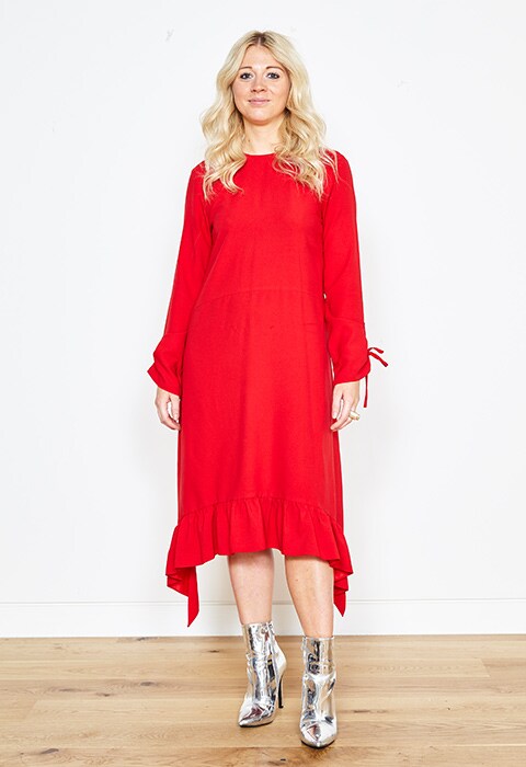 Lori Johnson wearing a red tea dress | ASOS Style Feed
