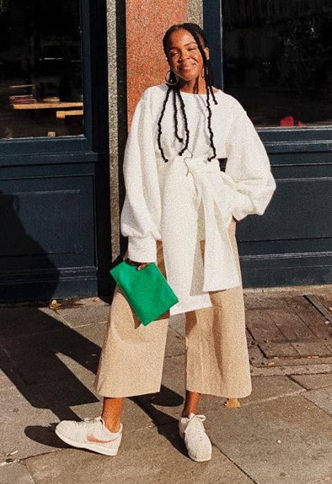 ASOS Insider Shope wearing camel trousers | ASOS Style Feed